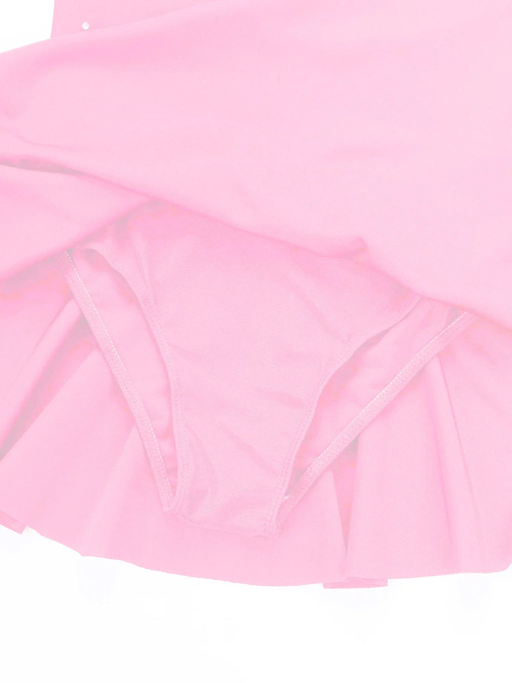 Close up view of the built-in bottoms of a pink ballet leotard dress