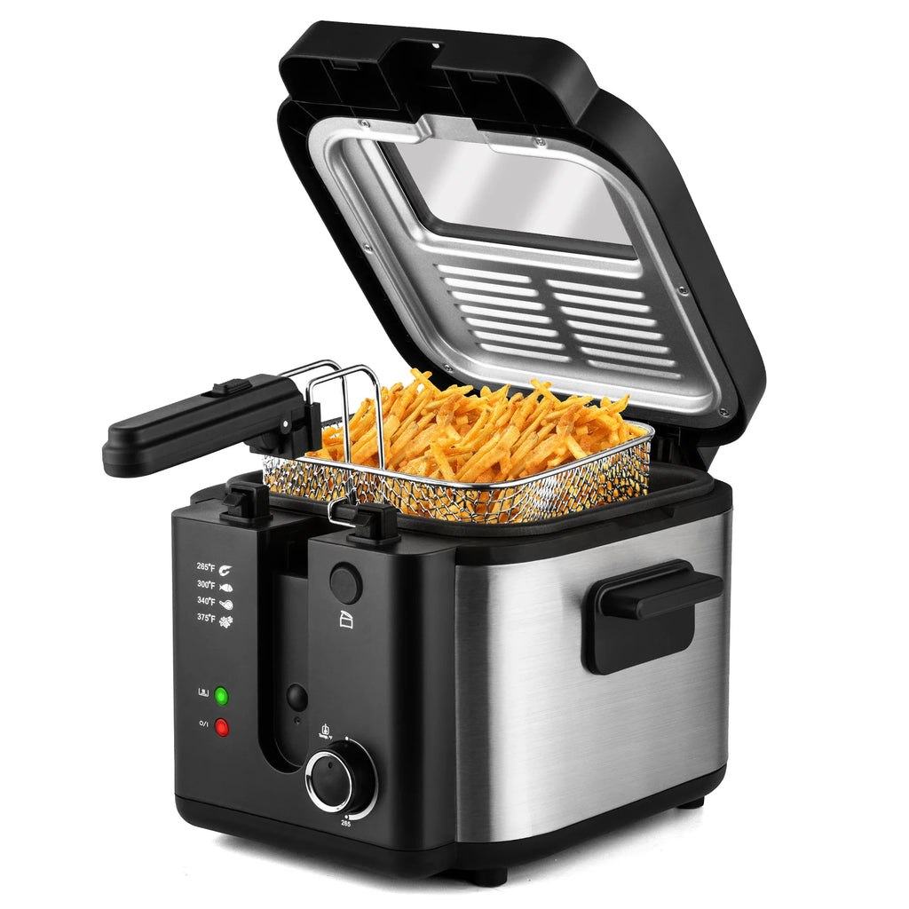 Stainless steel electric deep fryer with removable basket filled with golden fries.