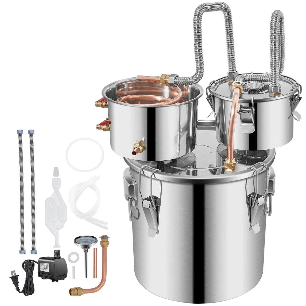 Stainless steel alcohol distiller kit with copper coils and accessories