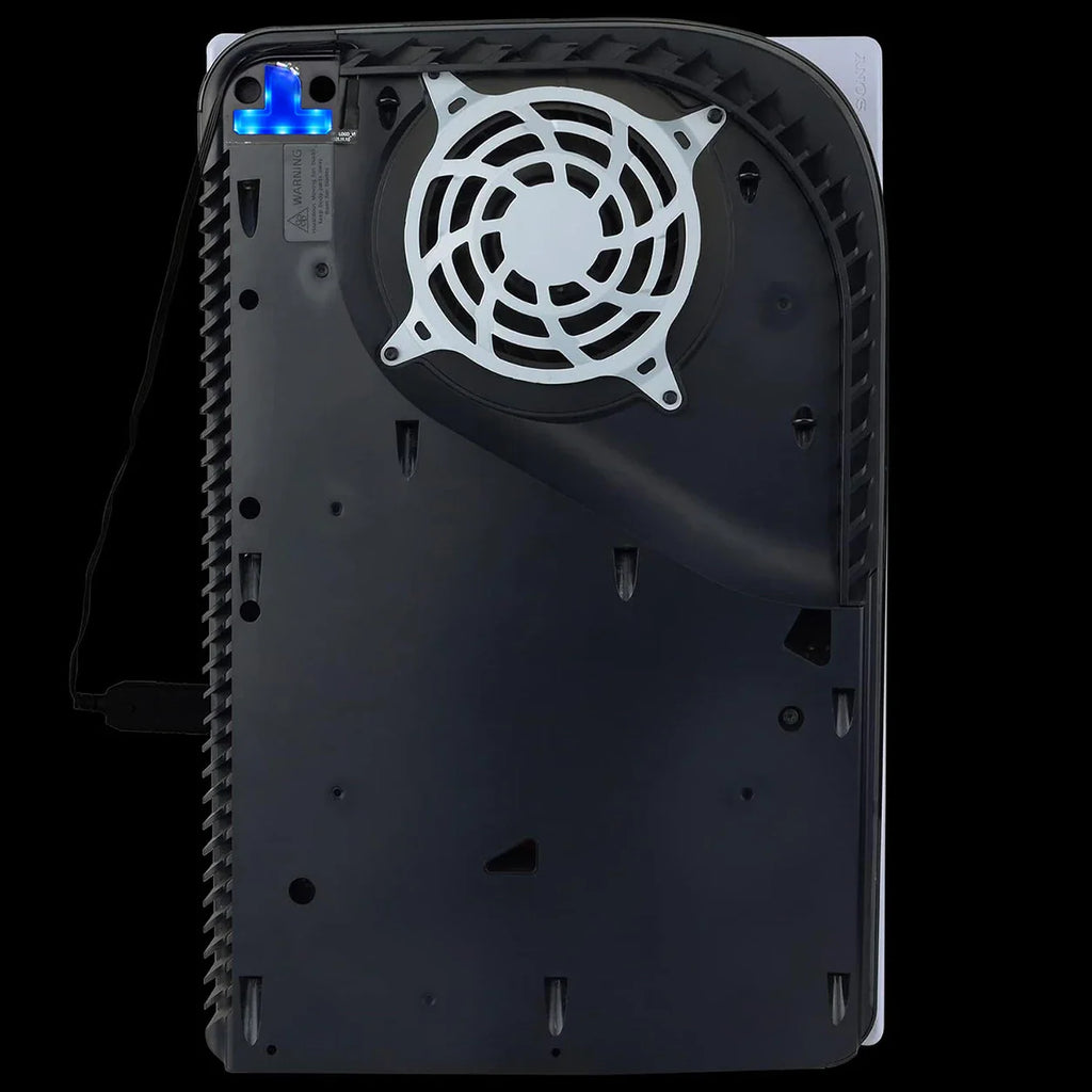Internal view of a console with blue illuminated RGB LED logo light kit installed next to the cooling fan.