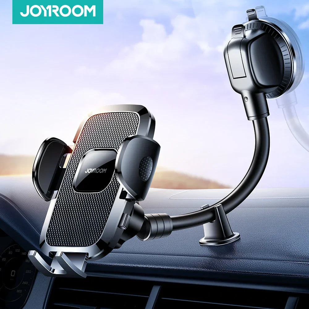 A black dashboard-mounted car phone holder with a long flexible arm and suction cup.