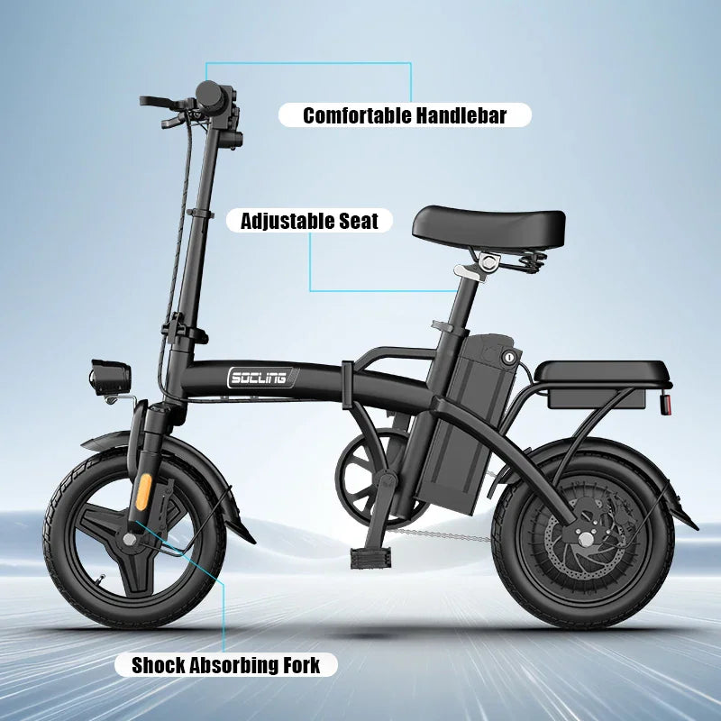 Black electric folding bike on blue background with callout labels for handlebar seat and fork