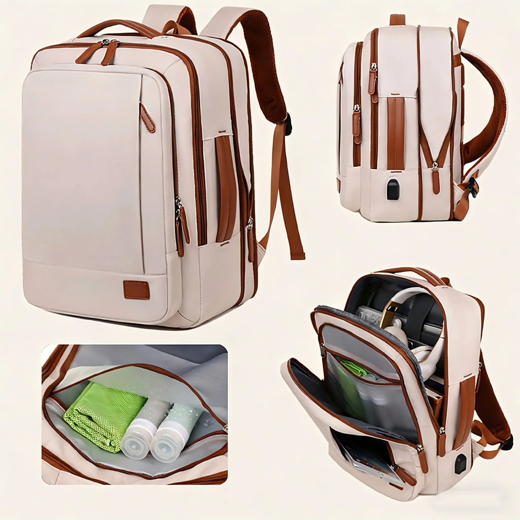 Features of a beige laptop backpack showing exterior design, expandability, and interior storage pockets.