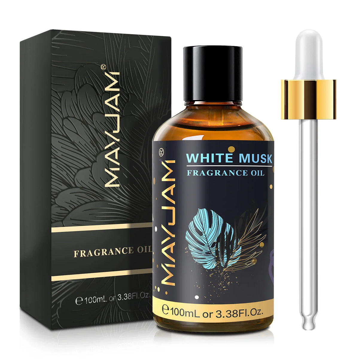 A bottle of White Musk fragrance oil next to its box and a dropper.