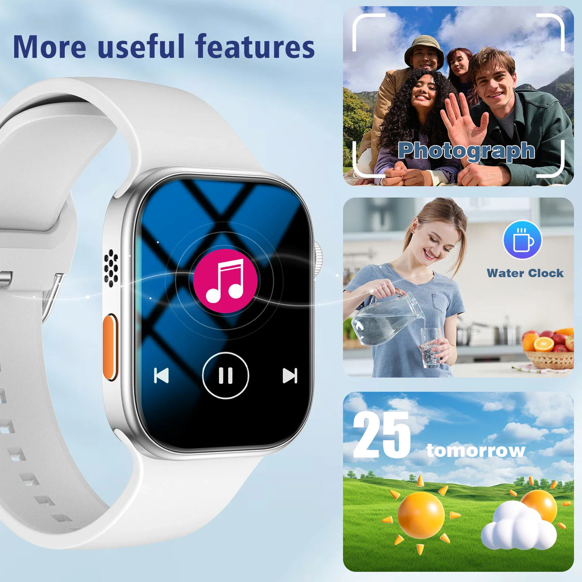 A white smartwatch displayed alongside feature highlights and lifestyle photography including weather and photos.