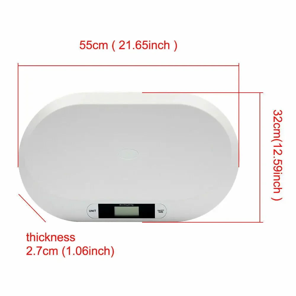 Digital baby scale dimensions in white plastic