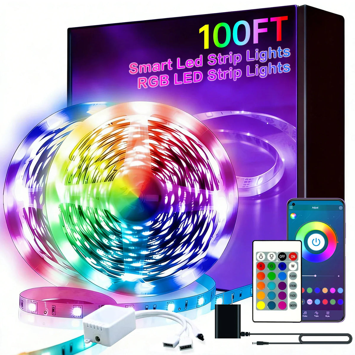 A product set of two LED strip light rolls with a remote control, controller, and packaging box.