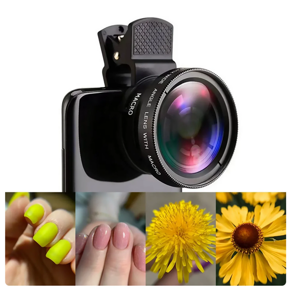 A smartphone with a clip-on macro lens showing sample close-up photos of nails and flowers.