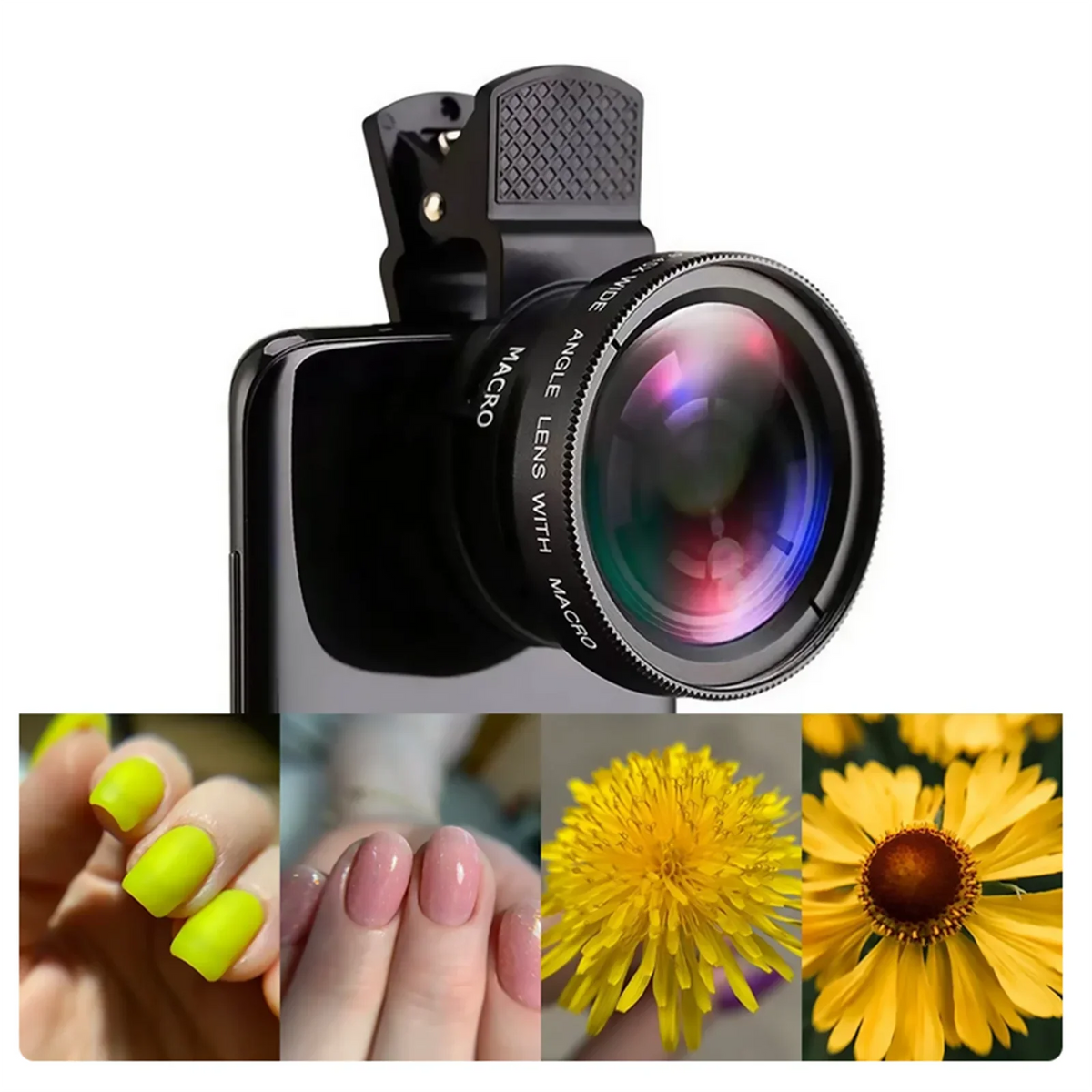 A smartphone with a clip-on macro lens showing sample close-up photos of nails and flowers.
