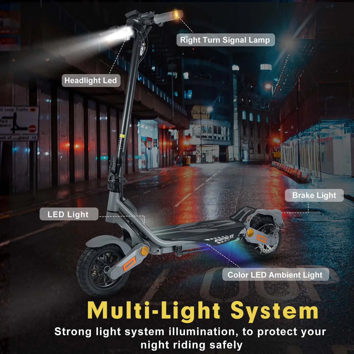 Electric scooter with multi-light system including headlight, turn signals and ambient deck lighting for night riding