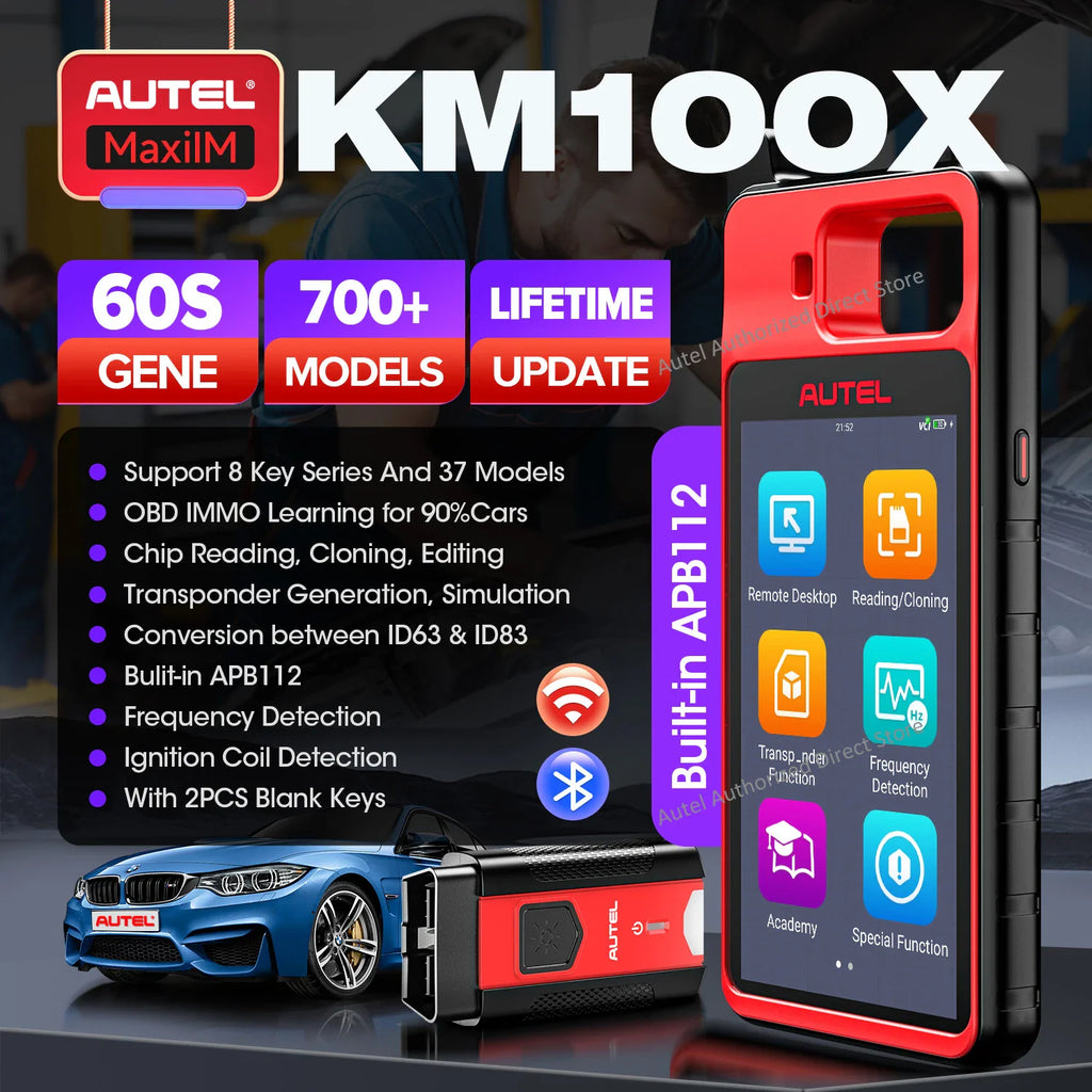 Handheld automotive key programmer device with digital interface and car in background.
