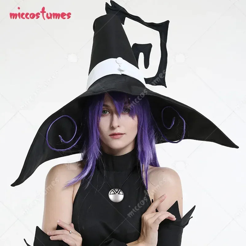 Close-up of a person wearing a witch cosplay hat, purple hair and a metallic circular pendant