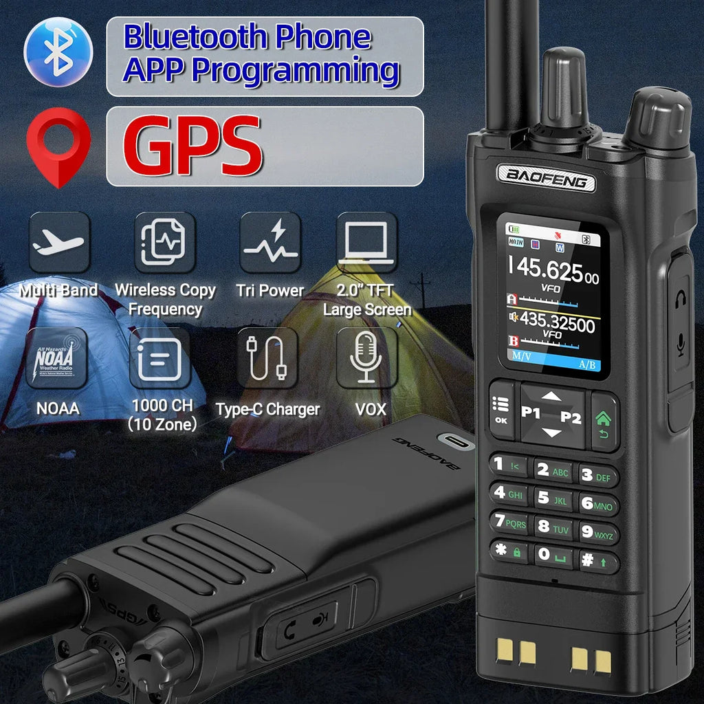 Handheld two-way radio with Bluetooth programming, GPS, and multi-band support for outdoor use.