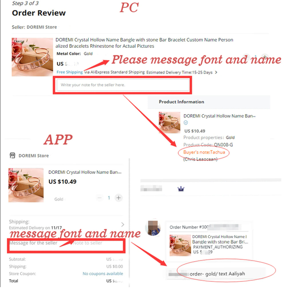 Instructions on how to order custom name jewelry