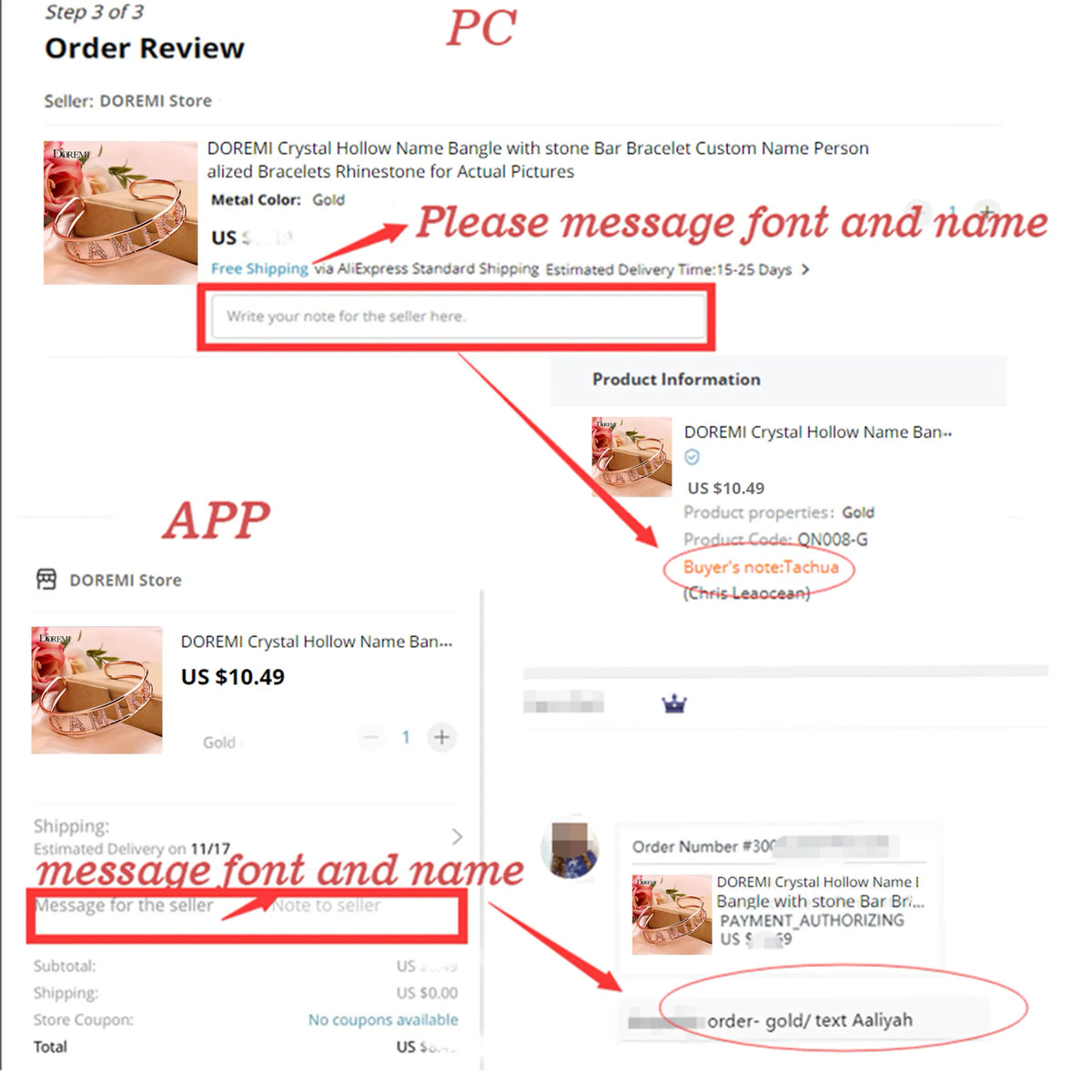 Instructions on how to order custom name jewelry