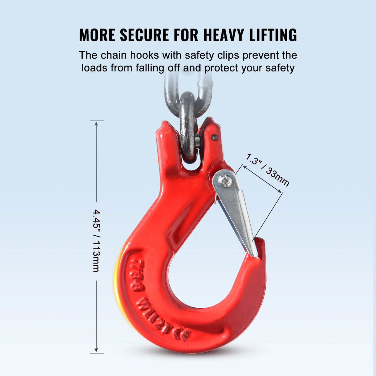 Close-up of a red industrial lifting hook with a safety latch, showing dimensions
