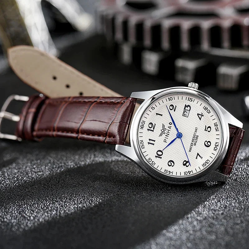Men's analog quartz watch with white textured dial and brown leather strap