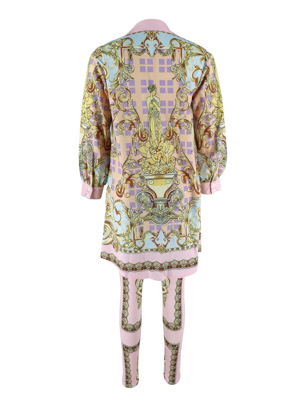 Back view of a women's two-piece set featuring a long sleeve button-up shirt and slim-fit pants with a gold and pink ornate