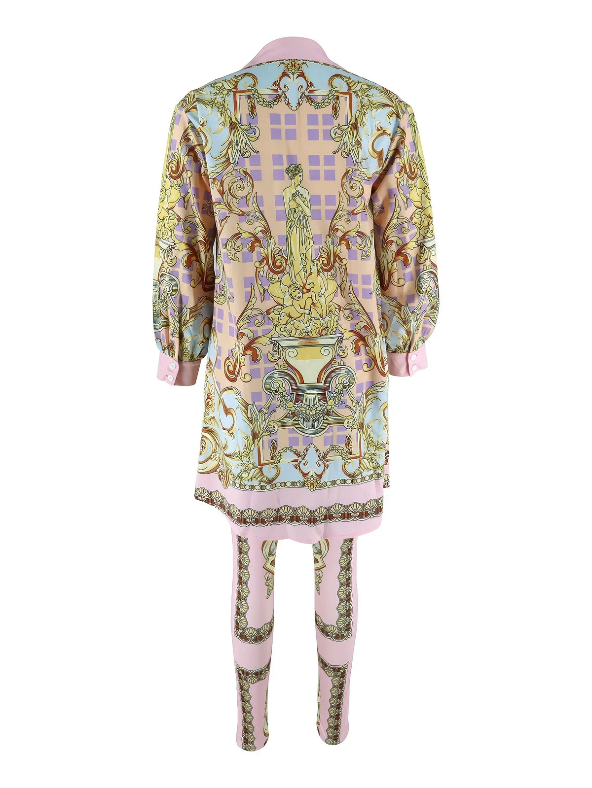 Back view of a women's two-piece set featuring a long sleeve button-up shirt and slim-fit pants with a gold and pink ornate