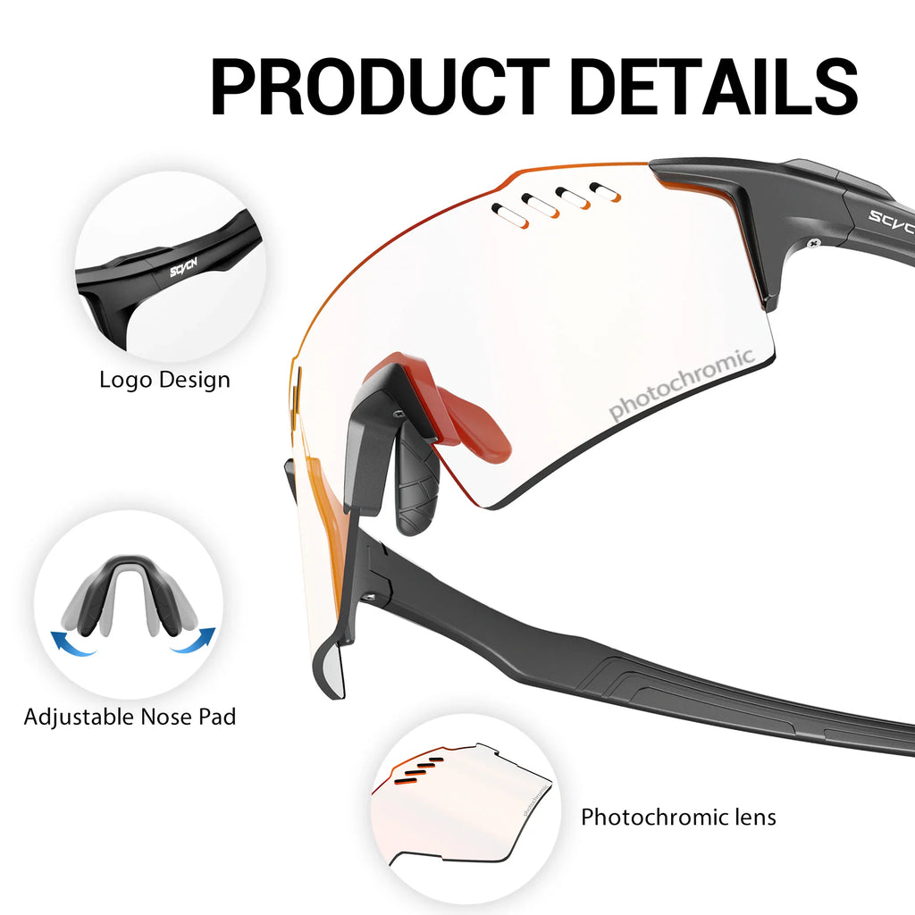 Feature diagram of sports sunglasses highlighting the logo, adjustable nose pad, and photochromic lens