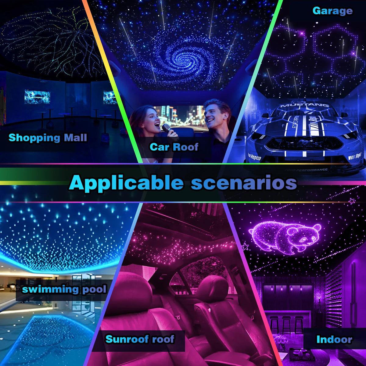 Various application scenarios for fiber optic ceiling lights in cars and indoor spaces