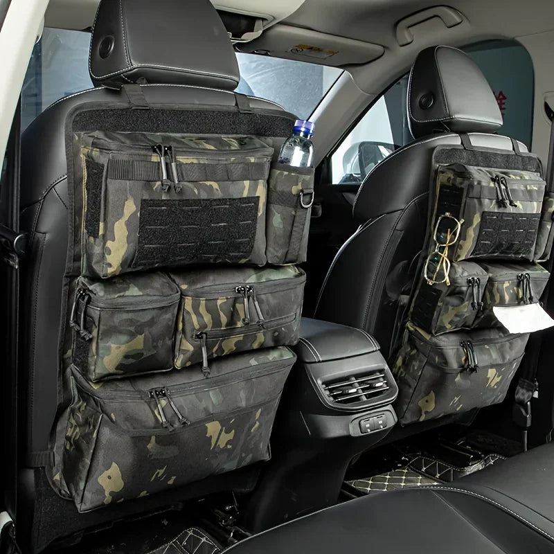 Tactical camouflage car seat back organizer with multiple storage pockets