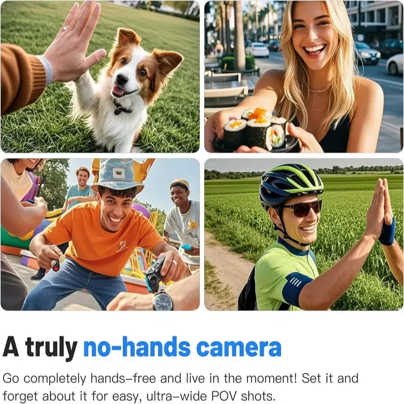 Lifestyle shots showing people using a tiny wearable action camera for various activities