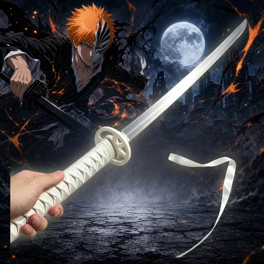 Person holding white katana sword prop with white ribbon