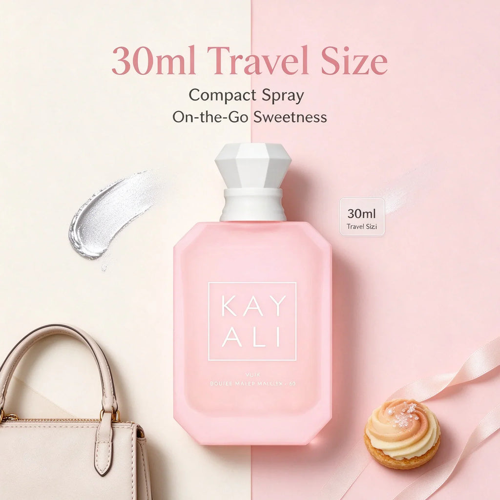 A pink 30ml travel size perfume bottle featuring notes of marshmallow and strawberry.