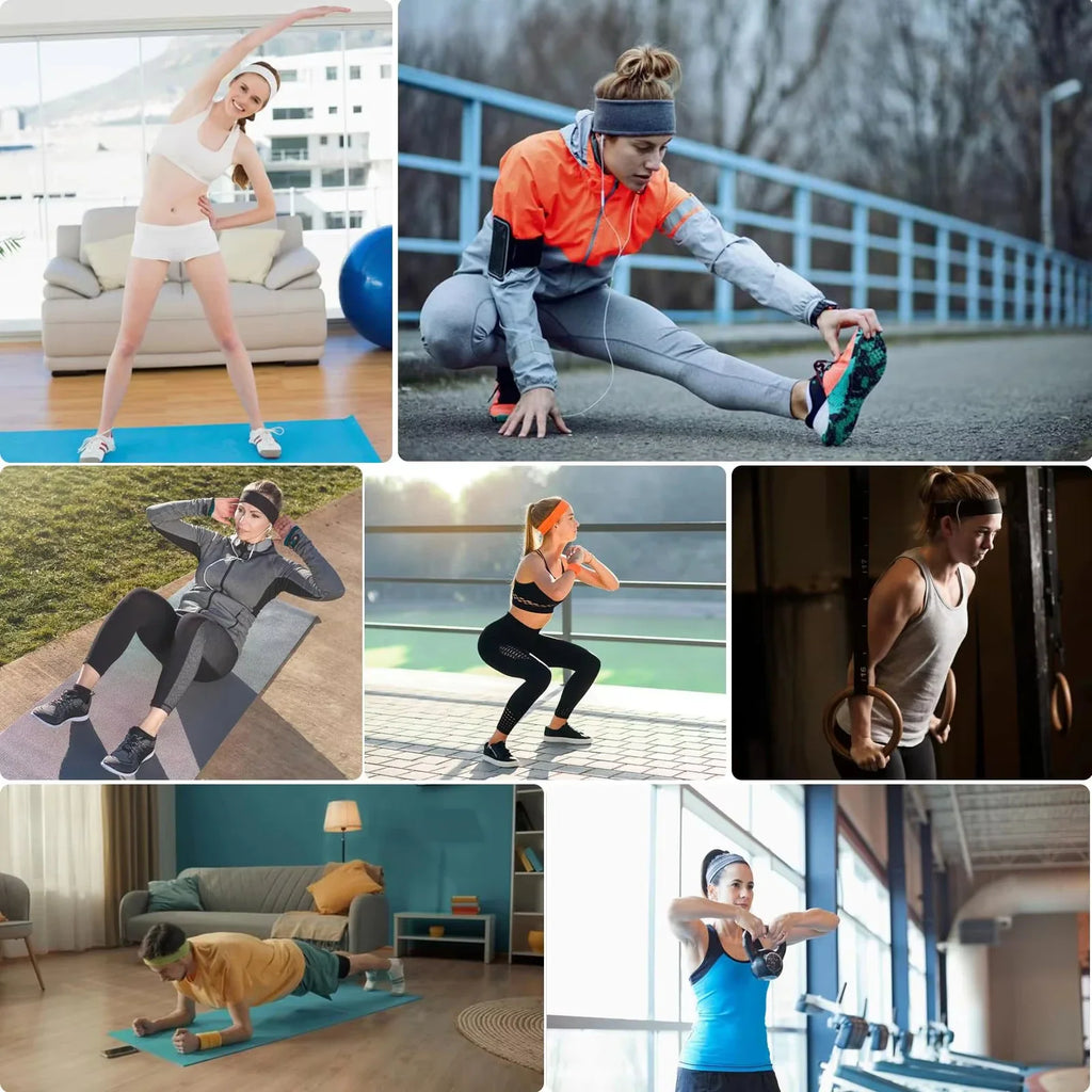 Collage of women exercising, stretching, and doing yoga while wearing sports headbands.