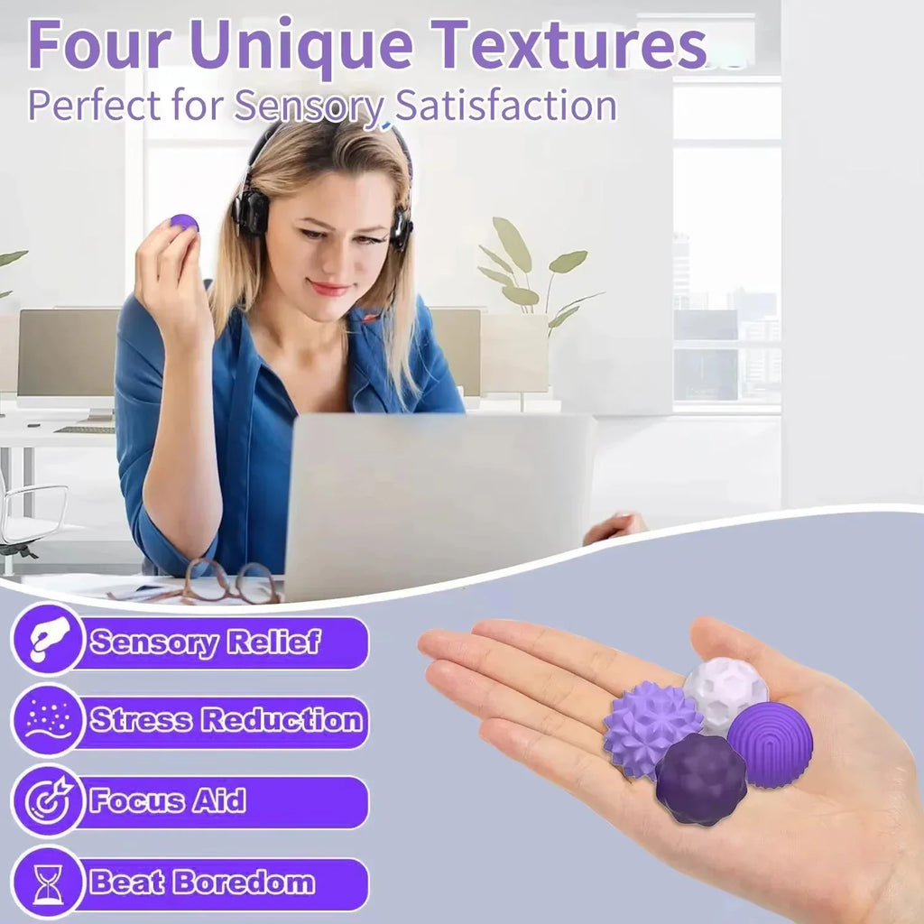 Woman using a laptop while holding a sensory ball, with benefits listed on the side.