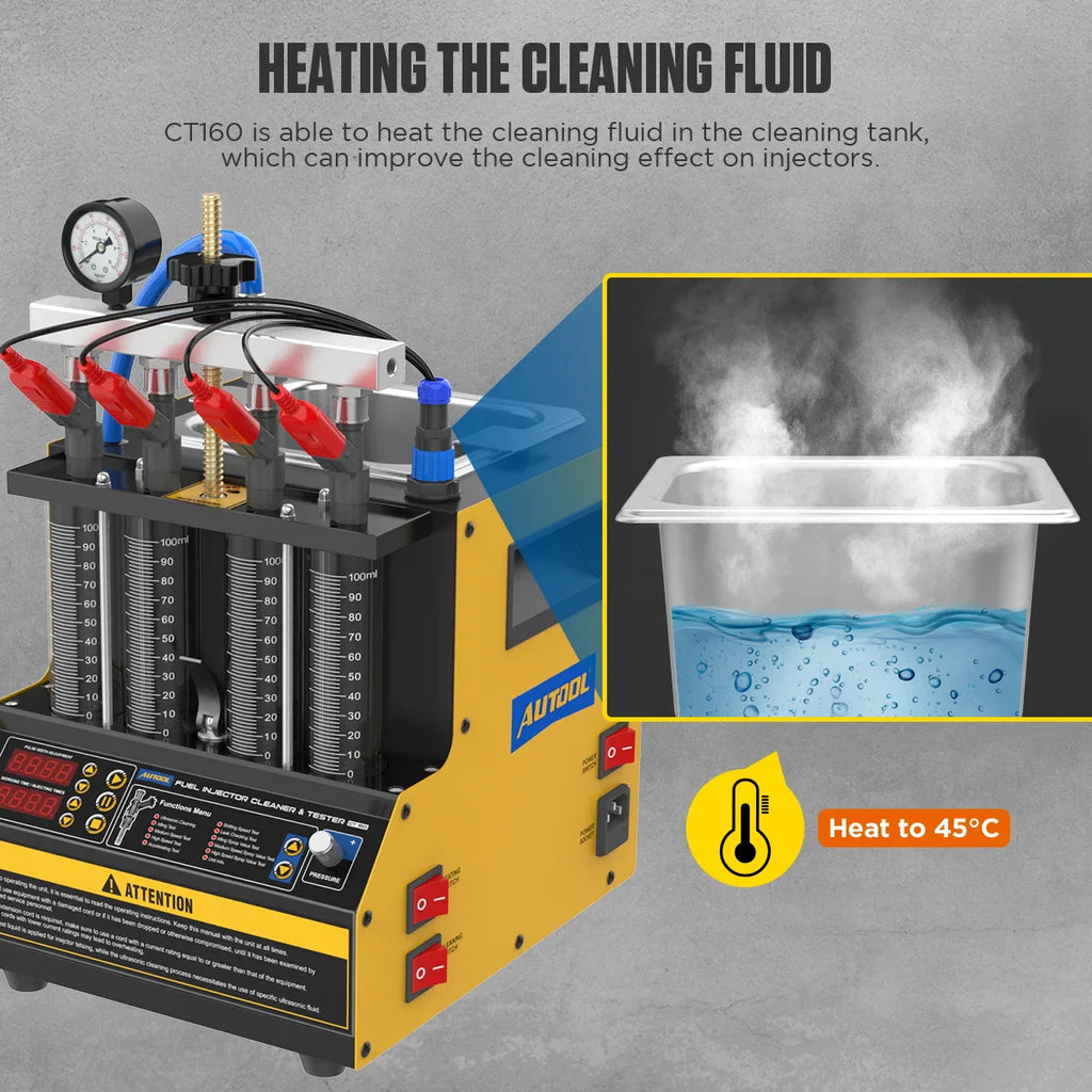 Fuel injector cleaning machine demonstrating heating function for cleaning fluid in the tank.