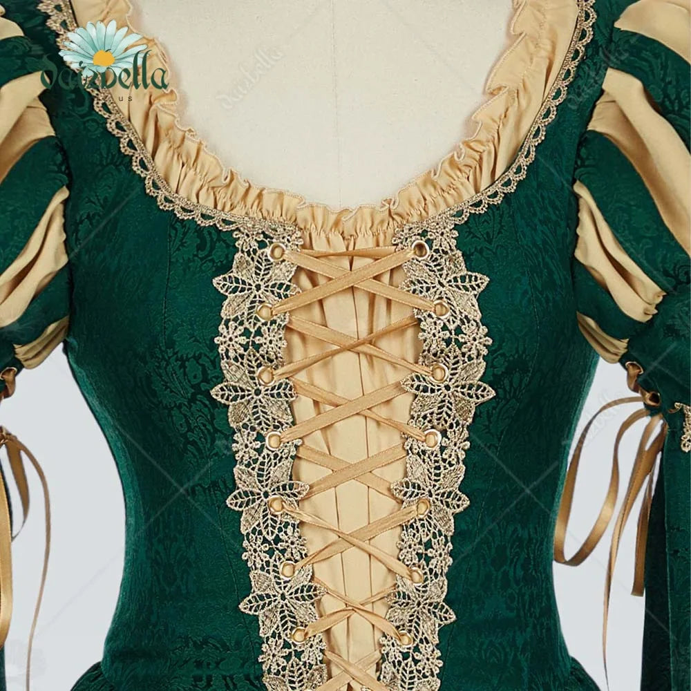 Close up of the front lace-up bodice and neckline of a green and beige renaissance dress
