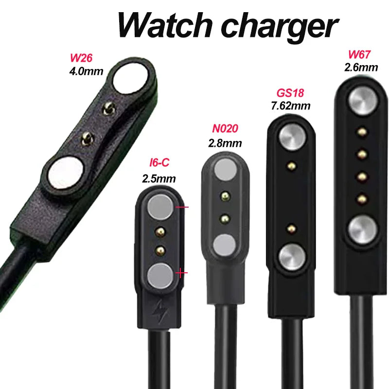 A collection of different magnetic smartwatch charging cables with various pin spacing measurements labeled