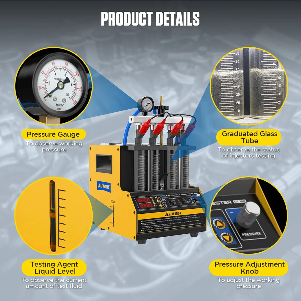 Product detail view of fuel injector cleaner machine showing pressure gauge, graduated glass tubes, and controls.