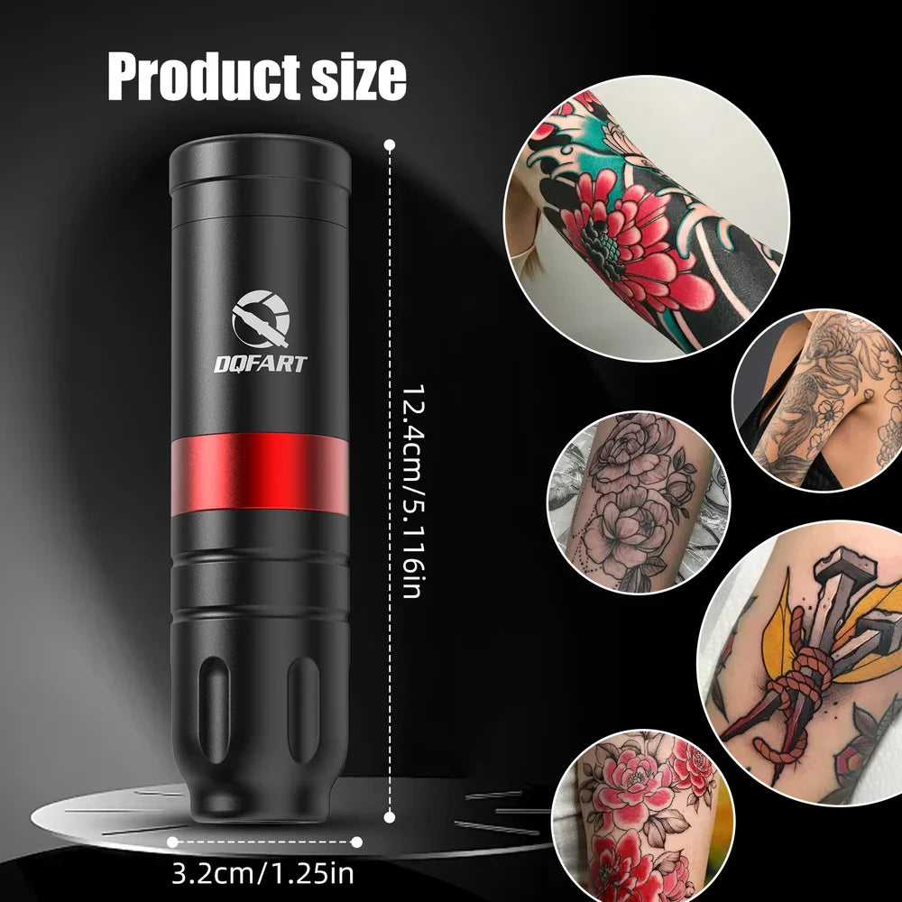 Wireless tattoo machine showing dimensions and various tattoo examples on skin.