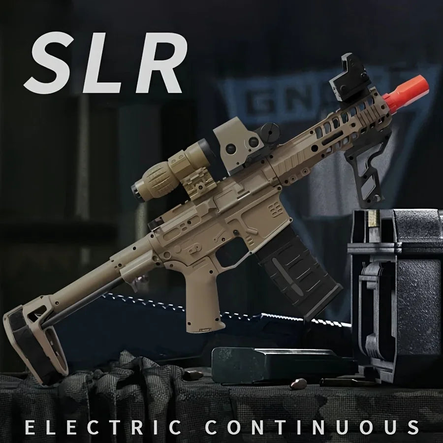 Tan electric gel ball blaster rifle with orange muzzle on a dark tactical background