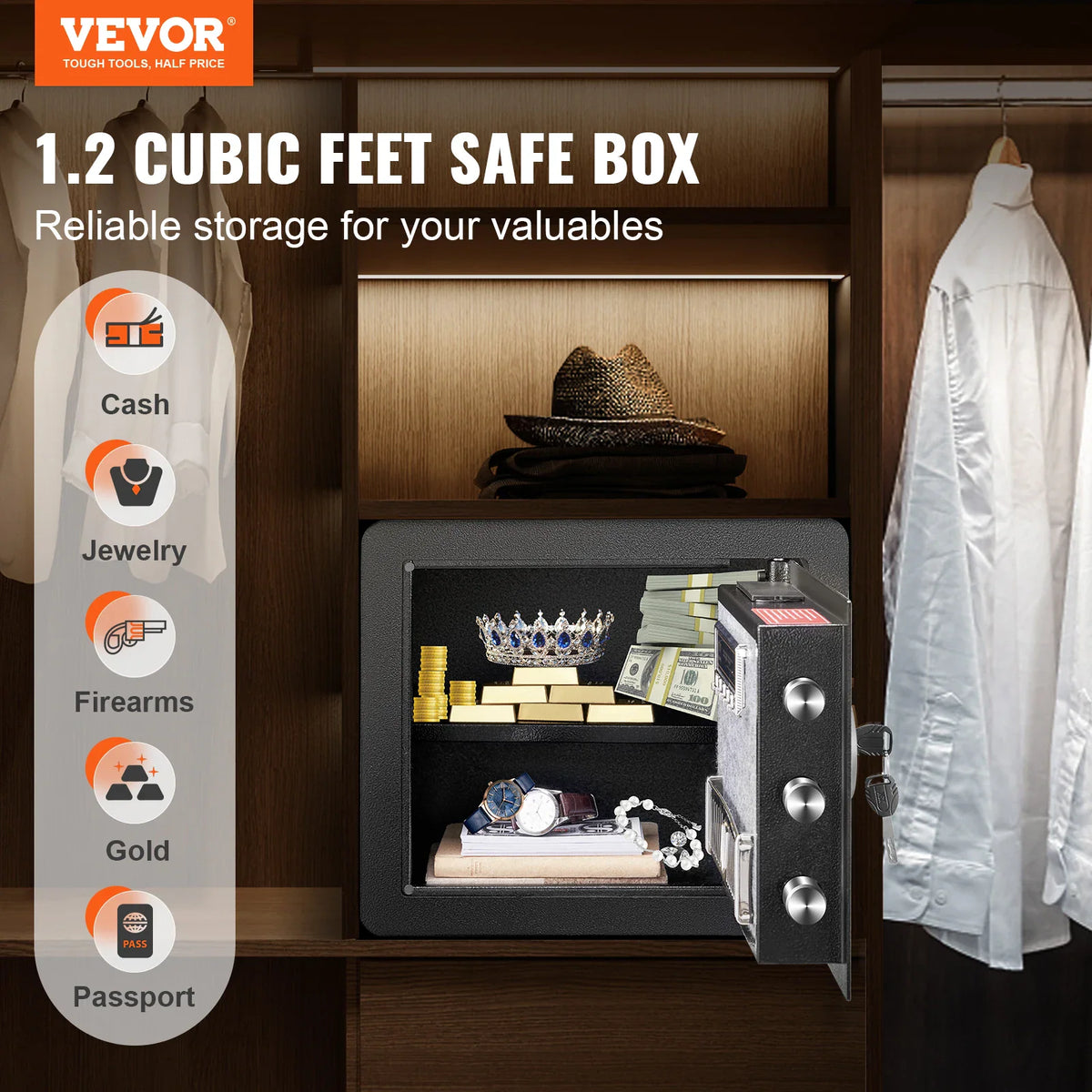 Black electronic home safe for storing valuables like cash, jewelry, gold, and passports inside a wardrobe.
