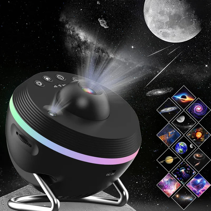 Black galaxy projector with a stand, projecting various celestial bodies and space scenes.