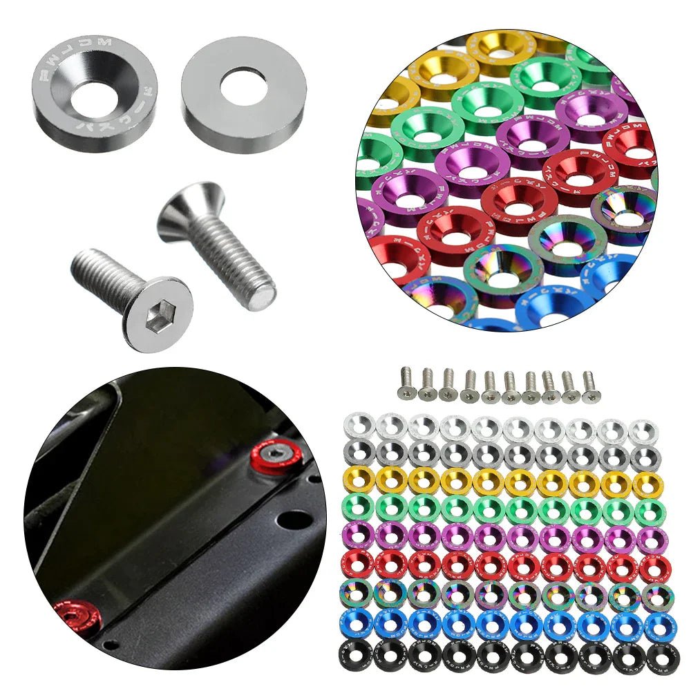 A set of metal screws and concave washers in various colors, with a close-up showing application on a scooter part.