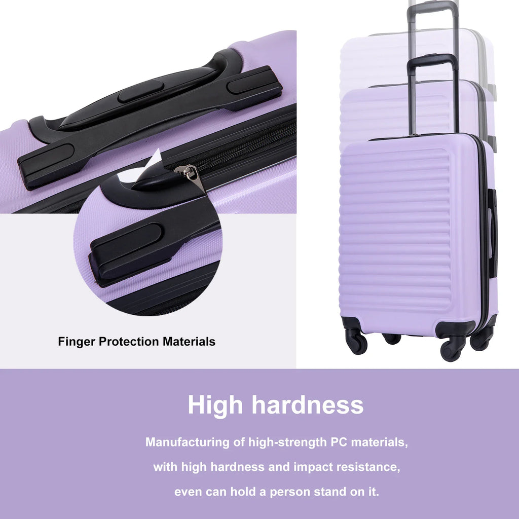 Purple hardshell luggage showing telescoping handle and reinforced carry handle features