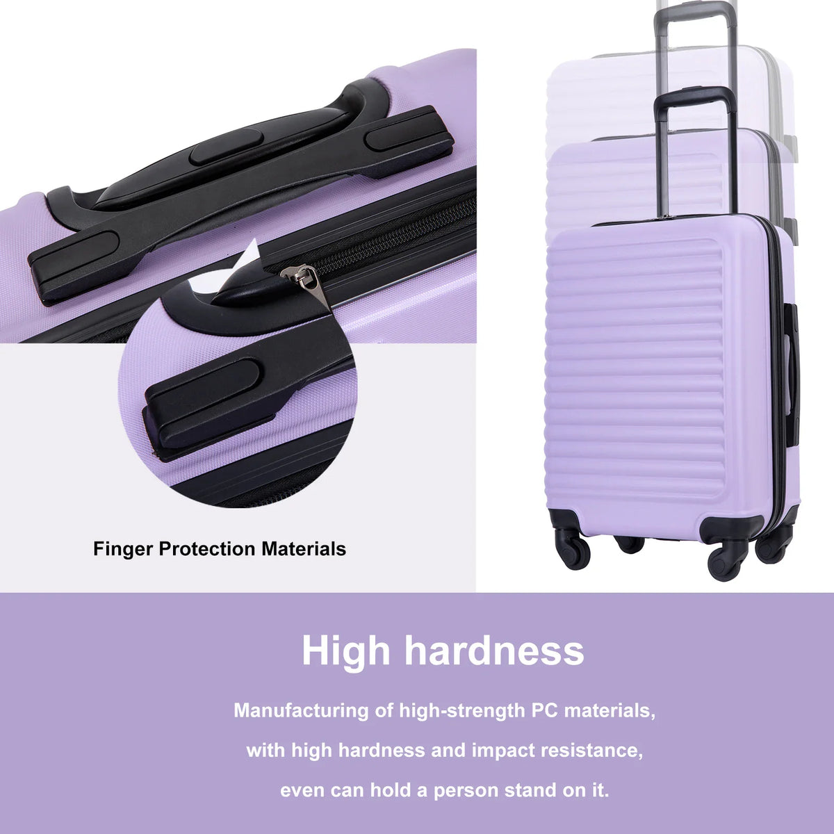 Purple hardshell luggage showing telescoping handle and reinforced carry handle features