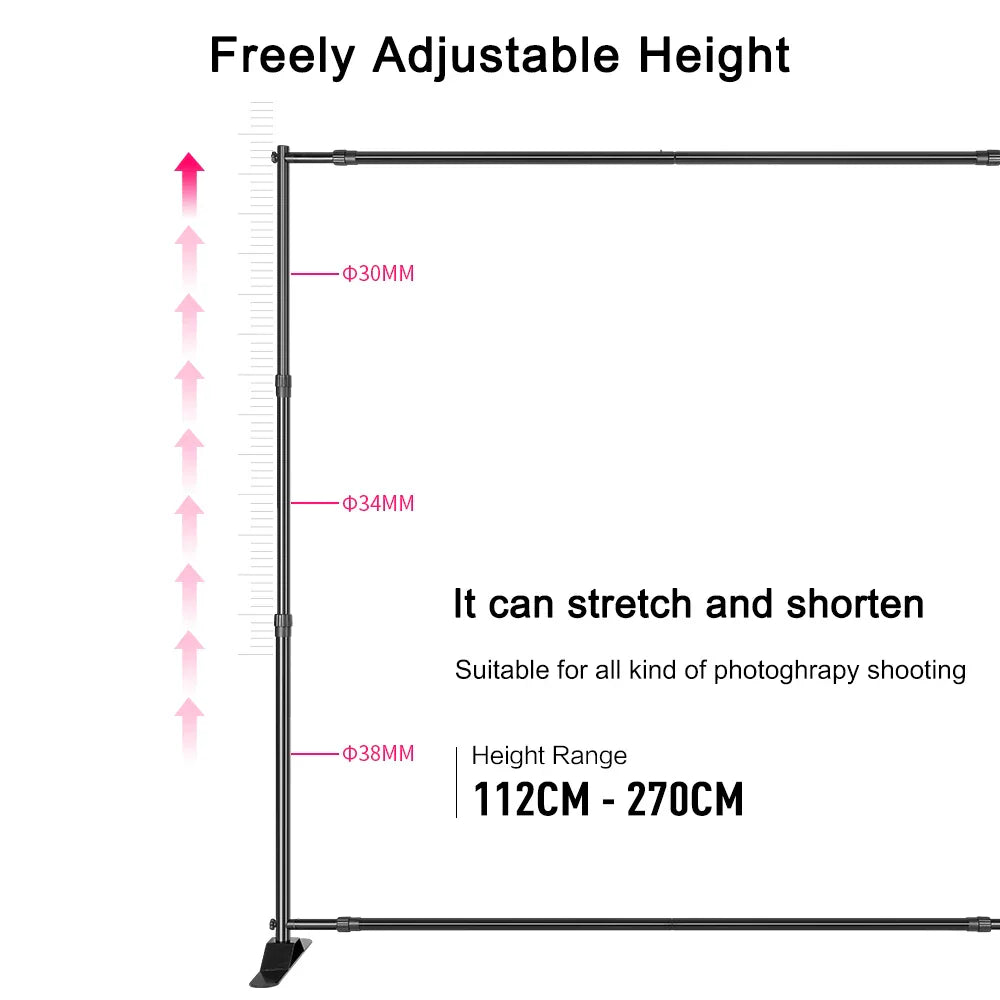 Instructional diagram showing adjustable height features of a photography backdrop stand