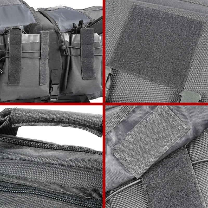 Close-up shots showing internal pockets, exterior velcro patches, carrying handles, and fabric details of a rifle bag