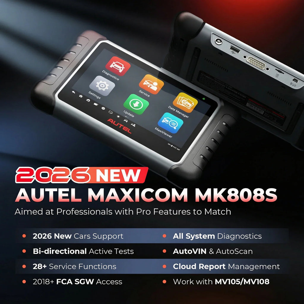 Automotive diagnostic tablet scanner showing its home menu screen with various repair icons.