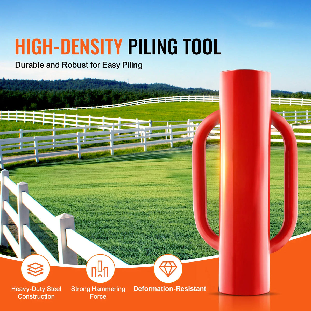 Red manual fence post driver in a field for fence installation