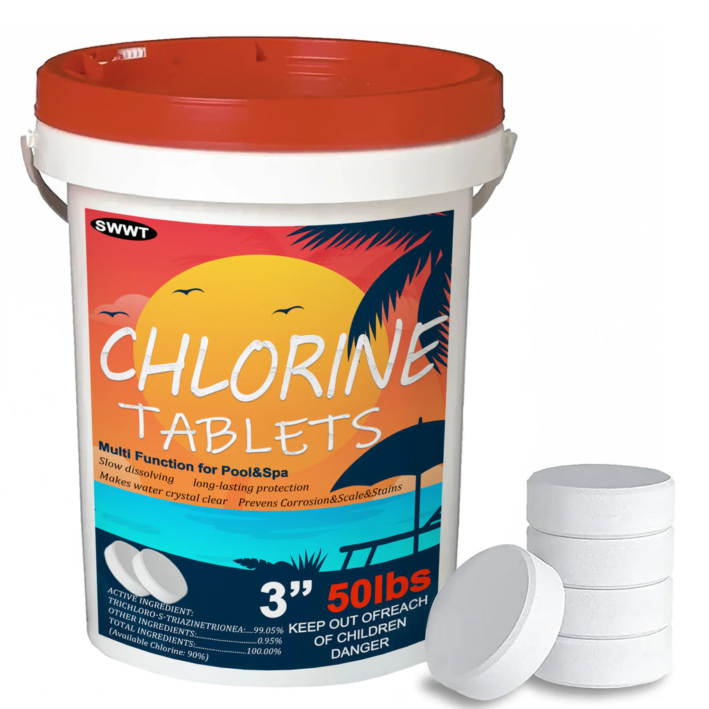 A 50lb white plastic bucket of 3-inch pool chlorine tablets with orange lid, shown with a stack of tablets.