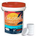A 50lb white plastic bucket of 3-inch pool chlorine tablets with orange lid, shown with a stack of tablets.