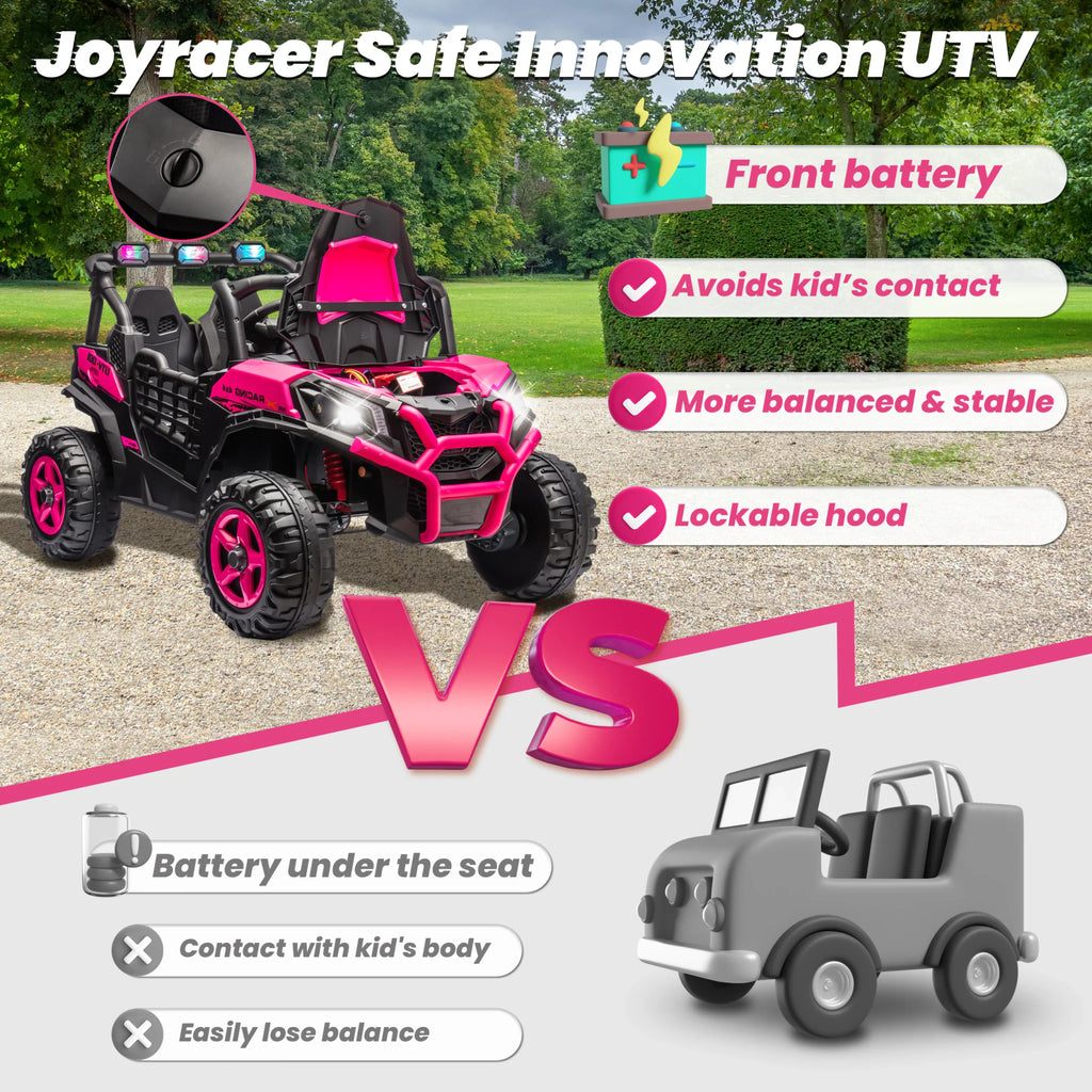Pink 2-seater UTV toy car showing front battery safety features