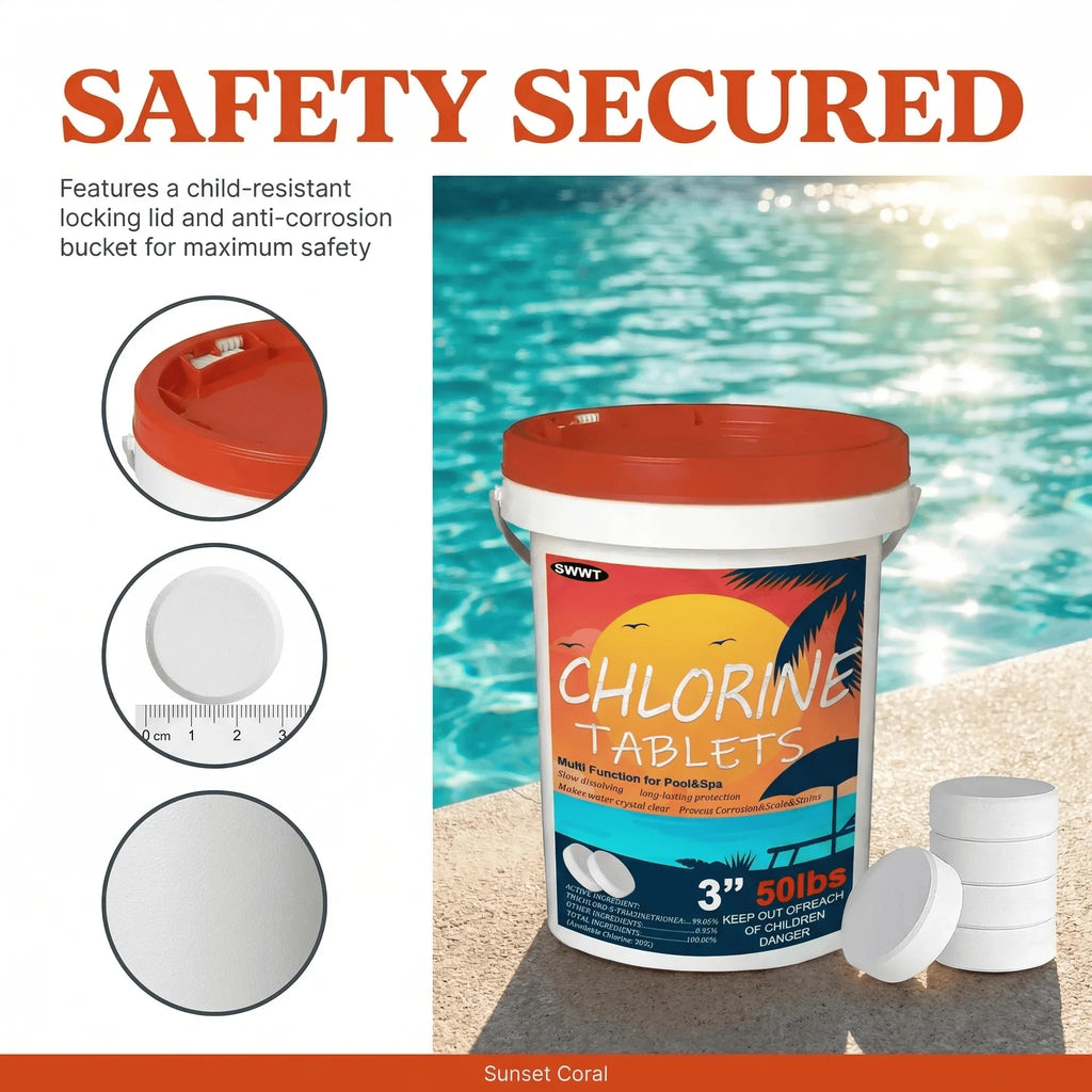 A 50lb bucket of pool chlorine tablets with circular inset photos highlighting the locking lid and tablet size.